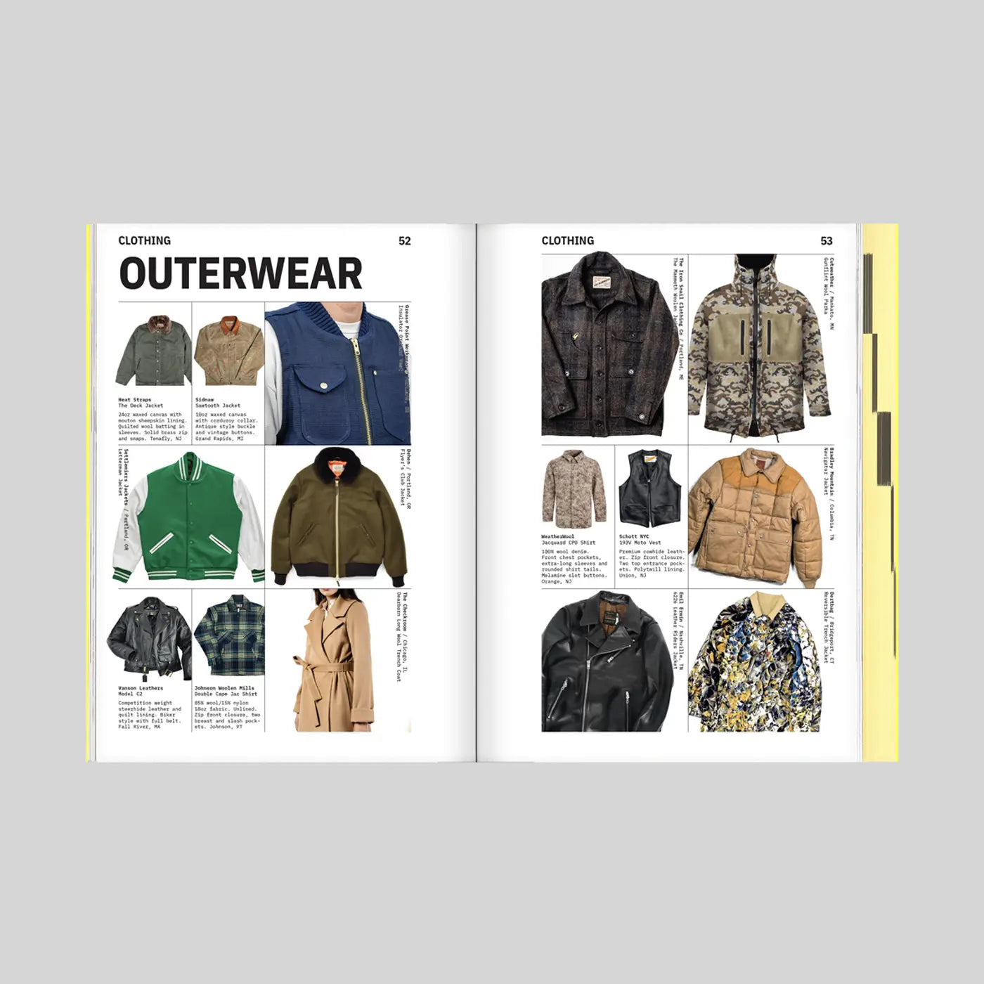 An open Crafted With Pride book spread showing pages about outerwear clothing, with multiple jacket and coat photos arranged in a grid on white pages against a light gray background.