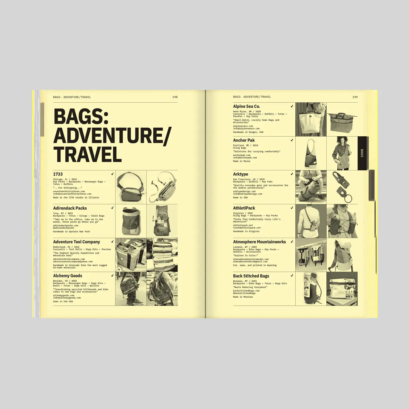 An open Crafted With Pride book spread showing a travel article titled 'BAGS: ADVENTURE/TRAVEL' with multiple small product photos and text about bags, photographed against a light gray background.