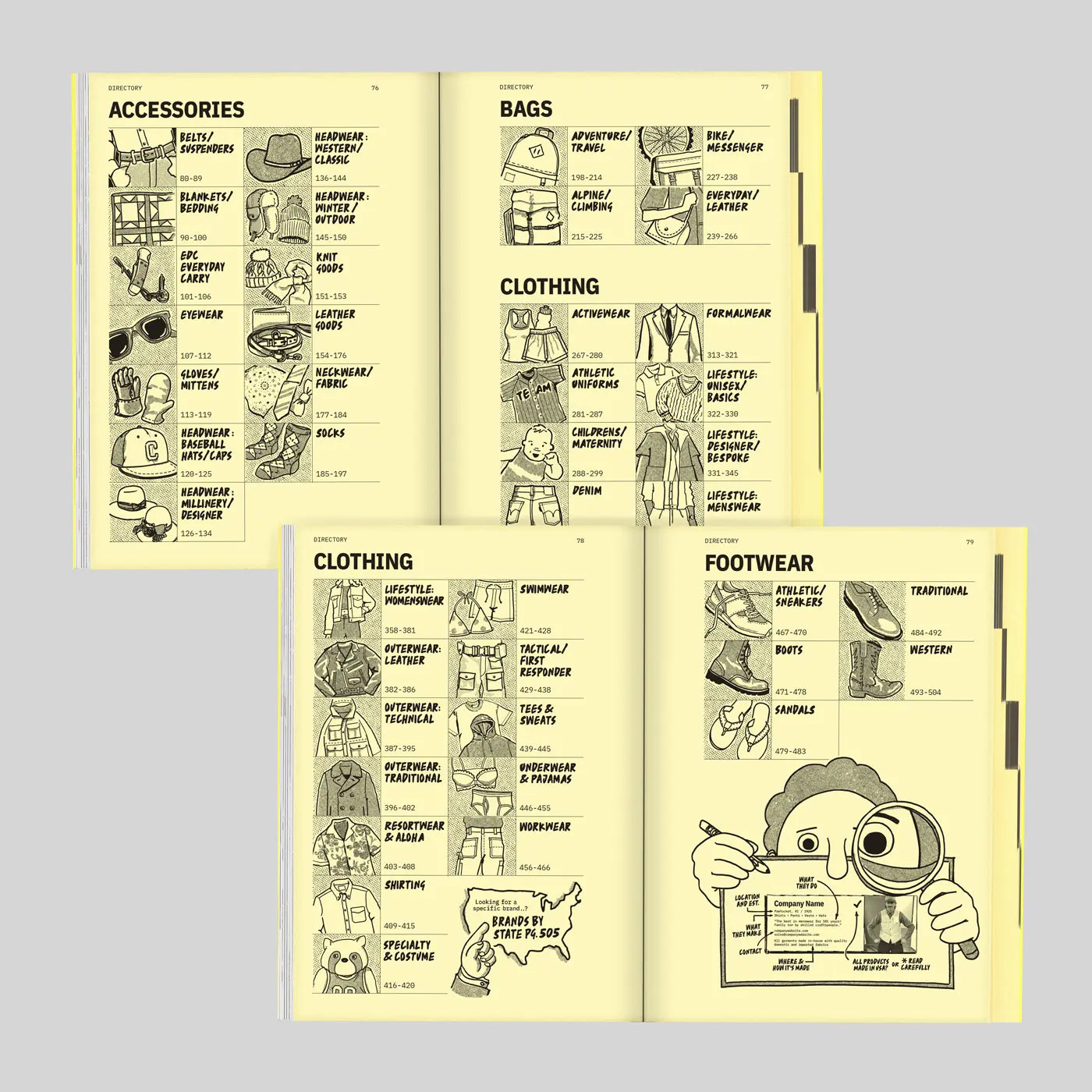 Crafted With Pride book spreads displaying illustrated product guides for accessories, bags, clothing, and footwear, arranged on a light gray background.