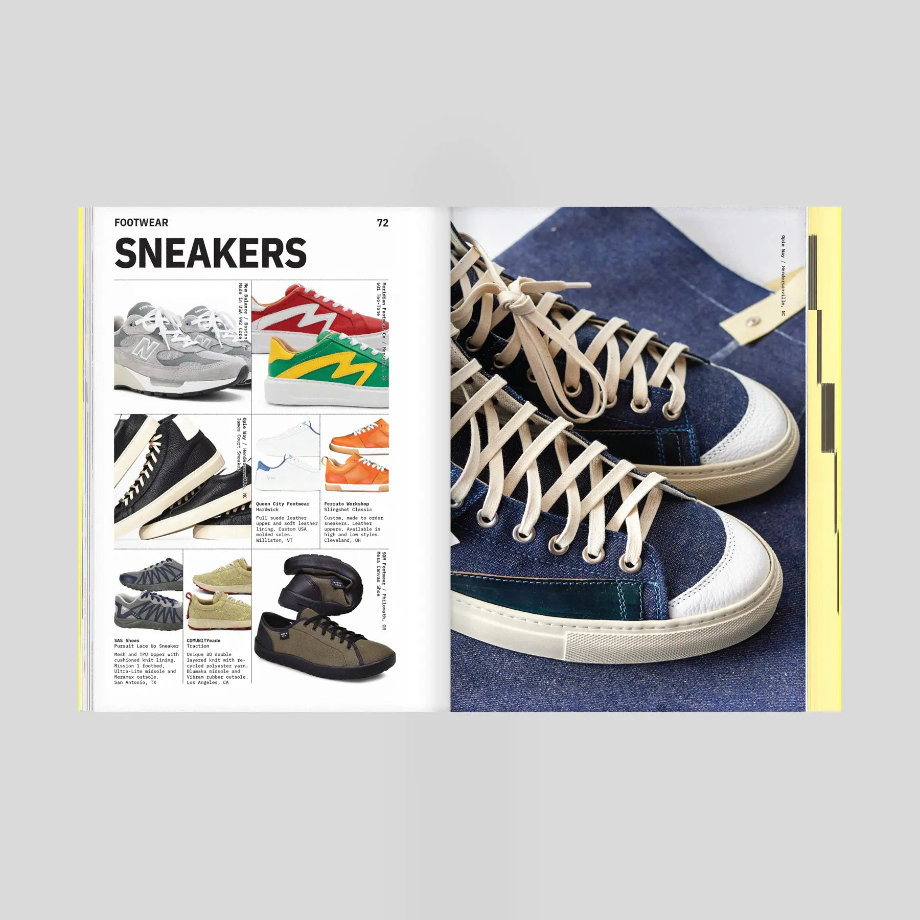 An open Crafted With Pride book spread showing a page titled 'FOOTWEAR SNEAKERS' with multiple small sneaker photos on the left and a large photo of blue suede low-top sneakers on the right, set against a light gray background.