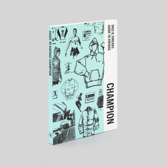 A book cover for 'Guide to Vintage Champion' featuring a collage of Champion brand sportswear and related items throughout history.