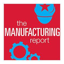 A square graphic with a bright red background and the words 'the MANUFACTURING report' in white, plus blue industrial icons including a star-cap emblem and gears.